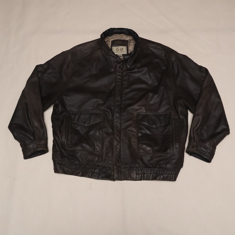 G-III Authentic Bomber Men’s XXL Brown Leather Flight Jacket Map Lined Y2K